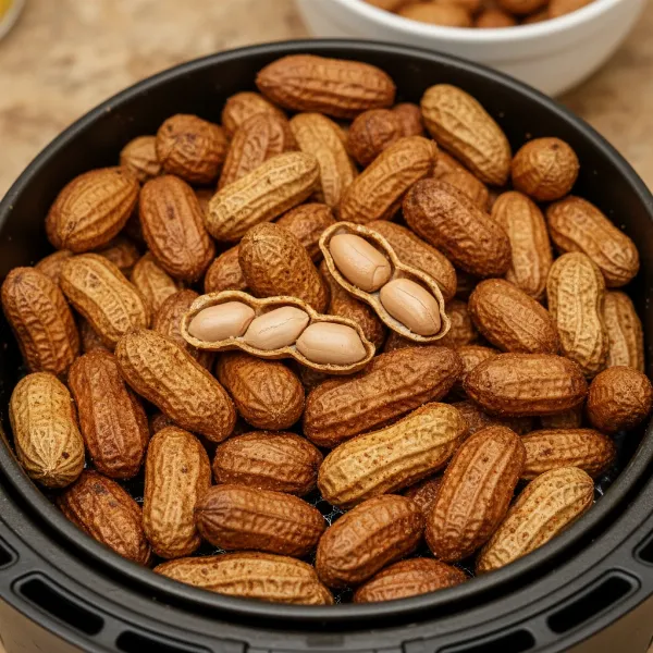 Tender air-fried "boiled" peanuts, some cracked open, in an air fryer basket.