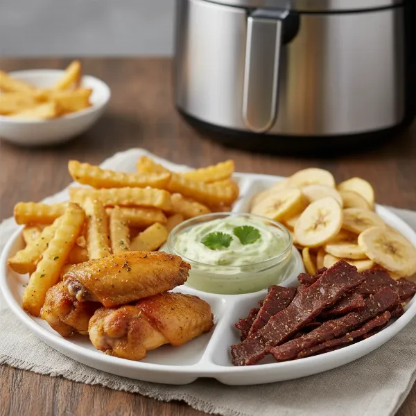 A plate showcasing various healthy foods, air-fried and dehydrated, demonstrating the appliance's versatility.