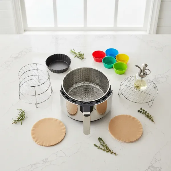 A collection of air fryer accessories including racks, pans, and liners, enhancing cooking versatility.