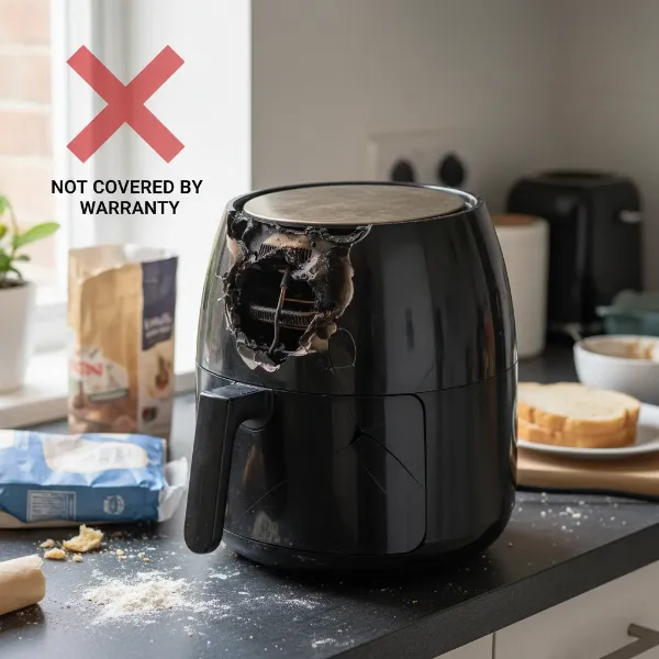 An air fryer with visible damage, representing typical warranty exclusions like accidental damage or user misuse.