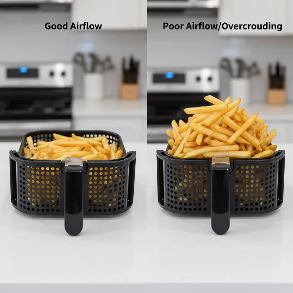 Illustration showing good and bad air fryer stacking for optimal cooking results.