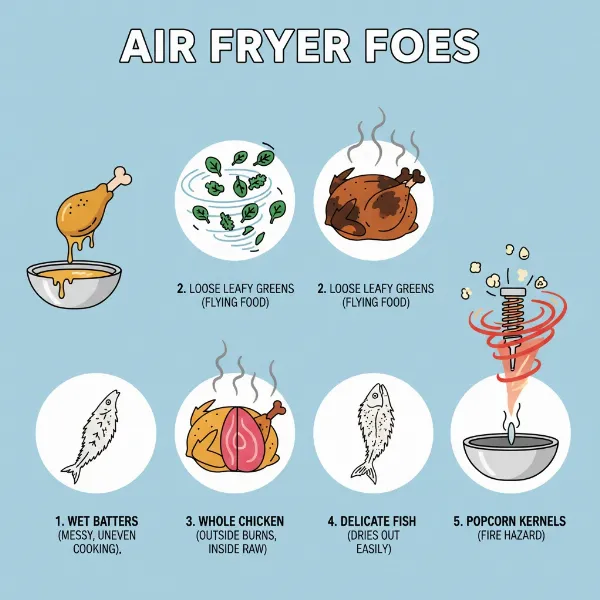 Visual representation of foods that should not be cooked in an air fryer