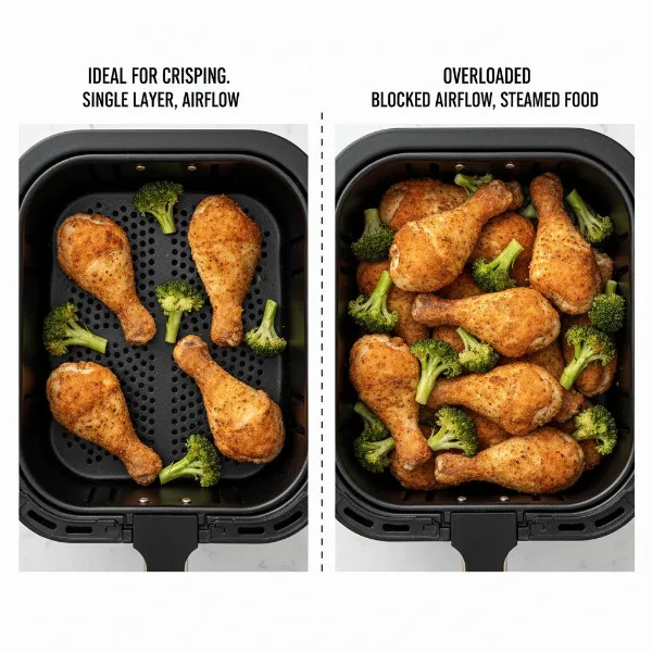 Illustration showing properly spaced food in an air fryer basket versus an overcrowded one.