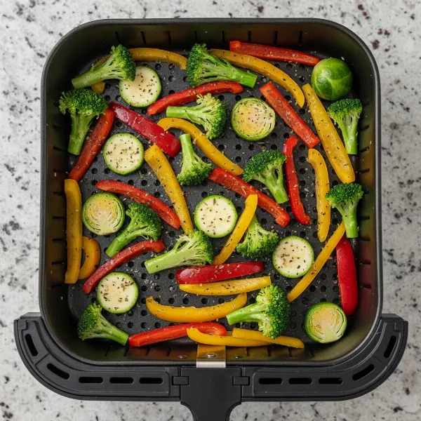 Air fryer basket filled with a single, evenly spaced layer of colorful chopped vegetables.