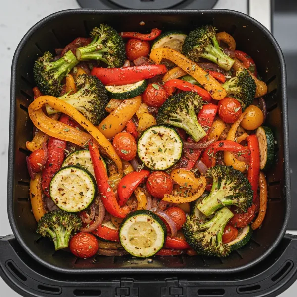 Assorted seasoned vegetables cooking in an air fryer basket for a healthy vegan meal.
