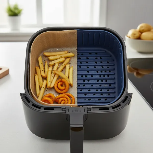 Various air fryer liners, including parchment paper and silicone, protecting the basket.