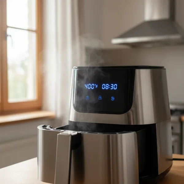 An air fryer operating at a high temperature for a burn-off cycle to eliminate plastic odors.