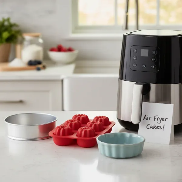 various small cake pans suitable for air fryer baking, including round, square, and bundt shapes