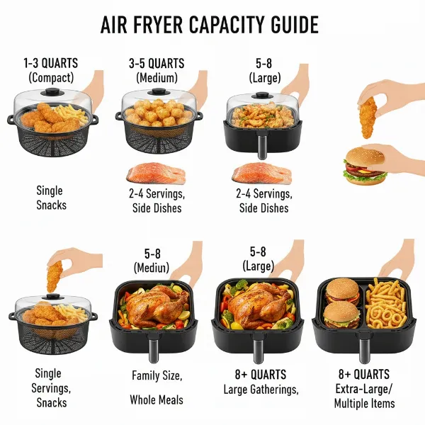 Illustration showing various air fryer capacities with examples of food portions.