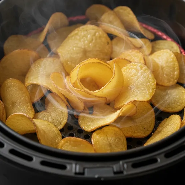 Close-up of an air fryer basket with potato slices being cooked by circulating hot air.
