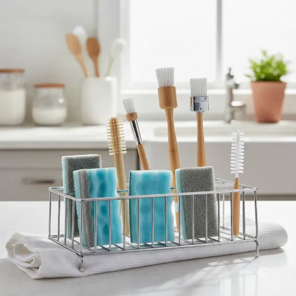 Clean, sanitized air fryer sponges and brushes air-drying on a rack in a kitchen.