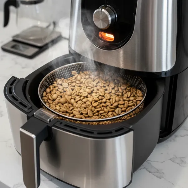 Close-up of green coffee beans roasting inside a modern air fryer basket, circulating hot air.