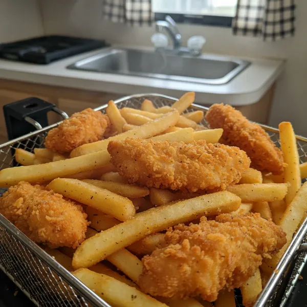 Crispy french fries and chicken tenders cooking in an air fryer basket in an RV.