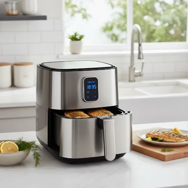 Modern air fryer cooking fish fillets, demonstrating contained and odor-free cooking in kitchen.