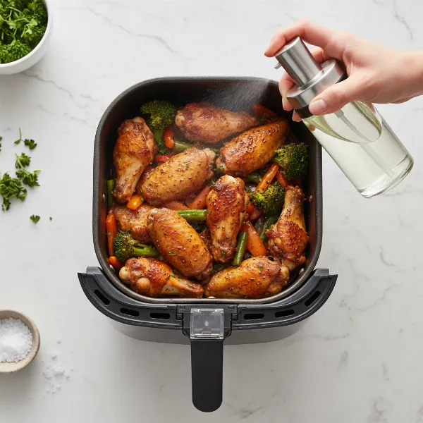 A modern air fryer cooking food with a hand using a reusable oil sprayer.