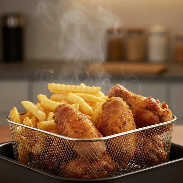 Golden-brown crispy chicken wings and french fries perfectly cooked in an air fryer.