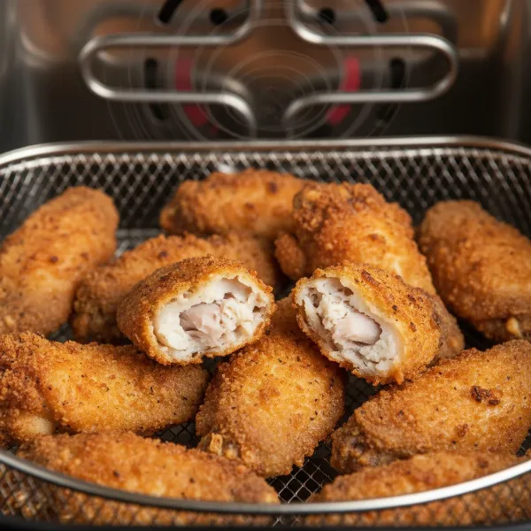 Golden crispy chicken wings reheated in an air fryer, showcasing perfect texture and browning.