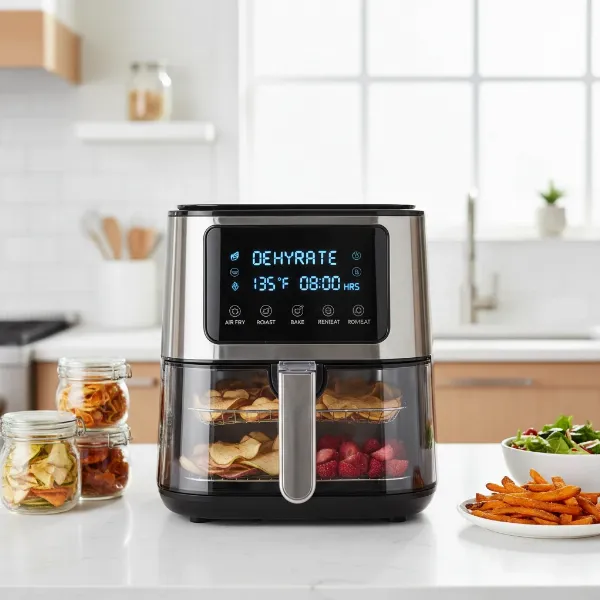 A modern air fryer with dehydrator function on a kitchen counter, showing its dual capabilities.