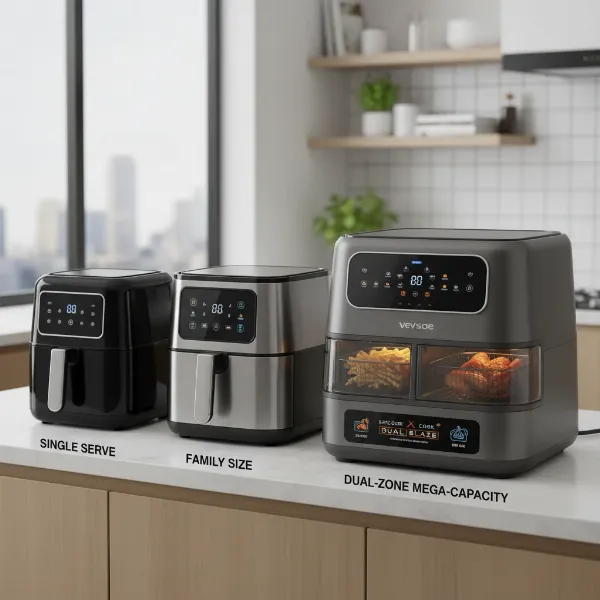 Image showing various air fryer models, including compact, mid-sized, and a large dual-zone unit.