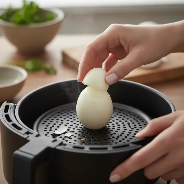 A close-up of a hard-boiled egg being effortlessly peeled inside an air fryer basket.