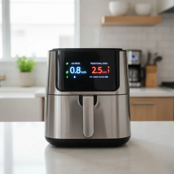 Digital display of an air fryer showing low energy consumption compared to a traditional oven.