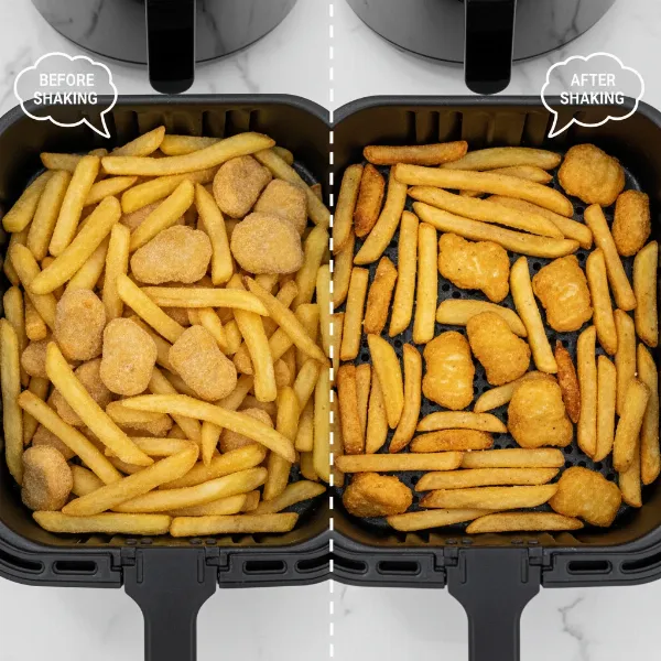 Illustration of air fryer food, half uncooked and half perfectly crispy, showcasing effect of shaking.