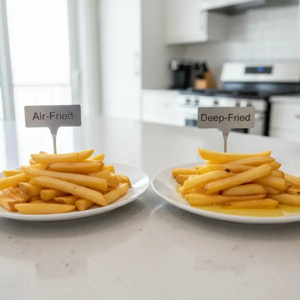 A visual comparing air-fried food with minimal oil to deep-fried food with excess oil, illustrating health benefits.