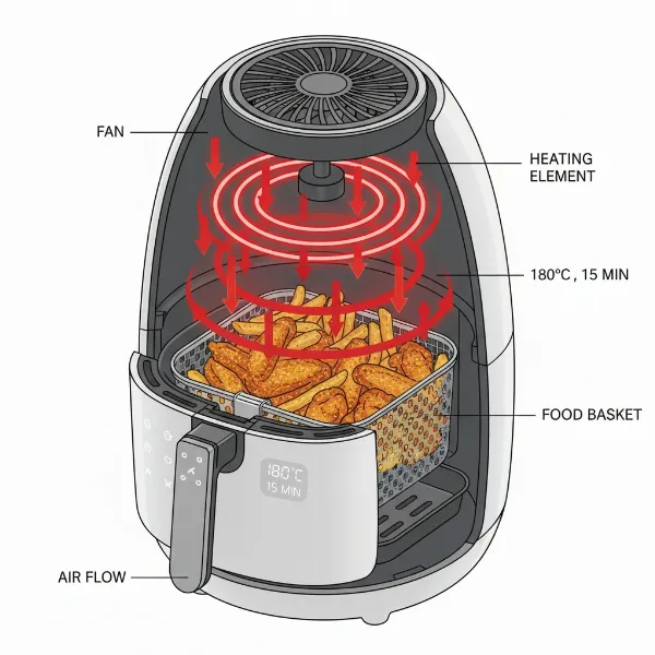 Illustration of an air fryer's internal fan circulating hot air around food