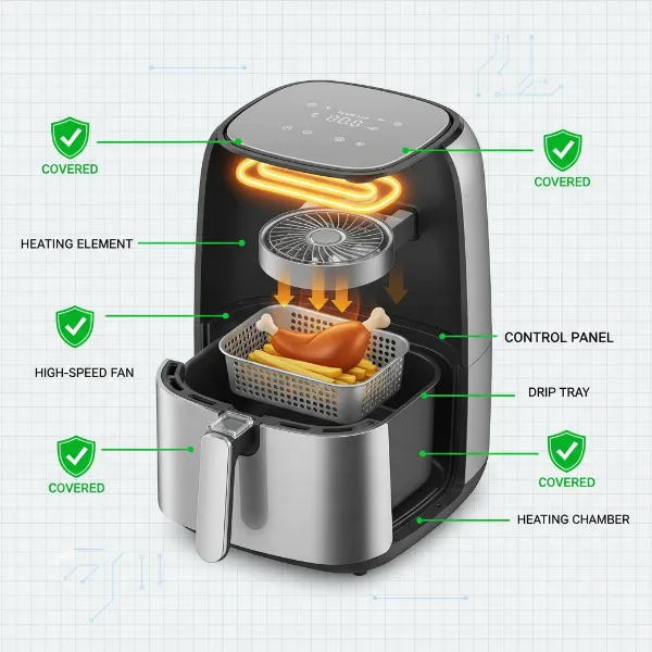Illustration of an air fryer highlighting internal components covered by warranty like heating element and fan.