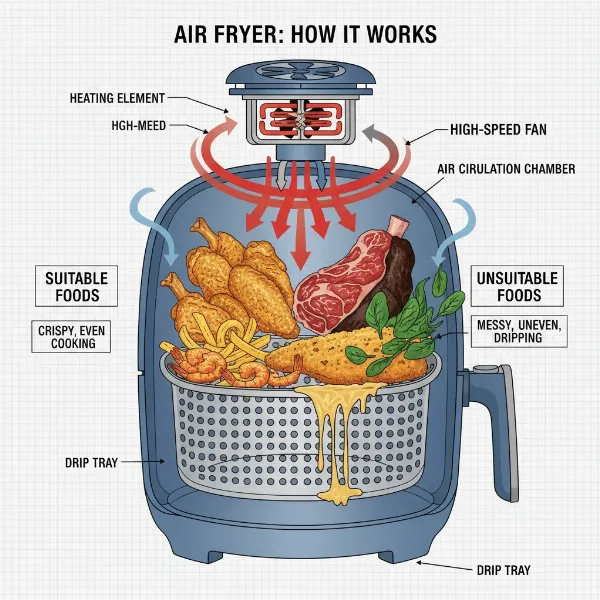 Illustration of an air fryer's hot air circulation and common foods to avoid