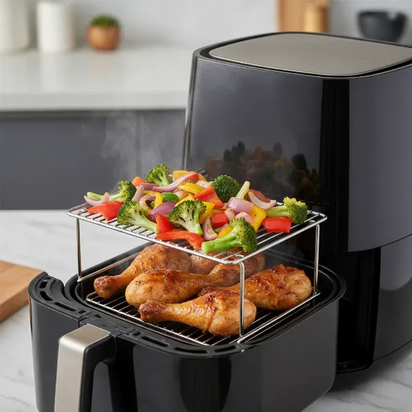 Air fryer with multi-tier rack cooking different food items on separate levels.