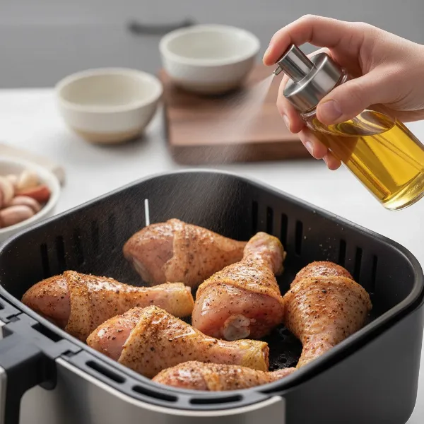 A hand holding a reusable oil spray bottle, lightly misting chicken pieces in an air fryer basket.