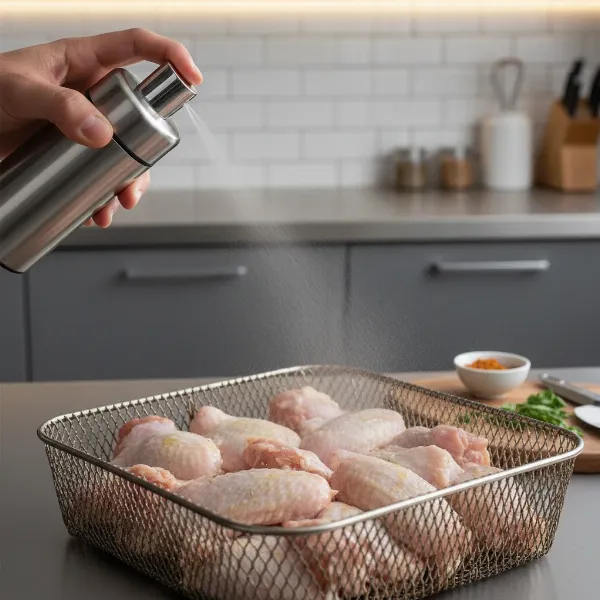 An oil sprayer evenly misting oil over chicken wings in an air fryer basket.