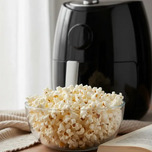 Crispy air fryer popcorn in a bowl next to a sleek air fryer, showing a modern healthier snack.