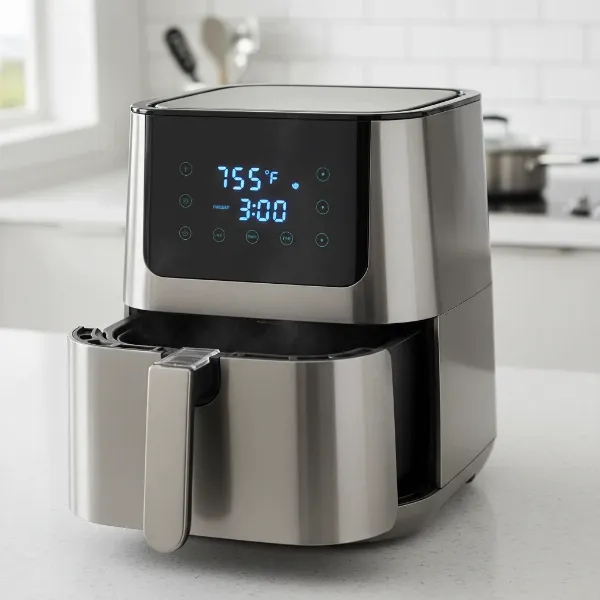 Modern digital air fryer displaying temperature and timer during the preheating cycle.