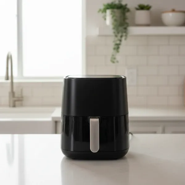 Air fryer on a kitchen countertop with proper clearance for safe ventilation and heat dissipation.