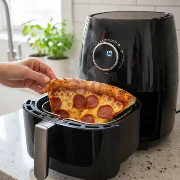 Crispy pizza slice being reheated in an air fryer, restoring its fresh texture.
