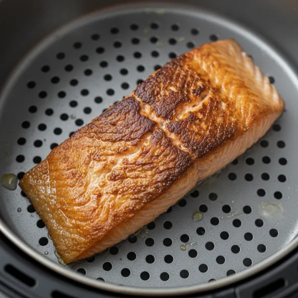 salmon fillet with crispy skin cooking inside an air fryer basket