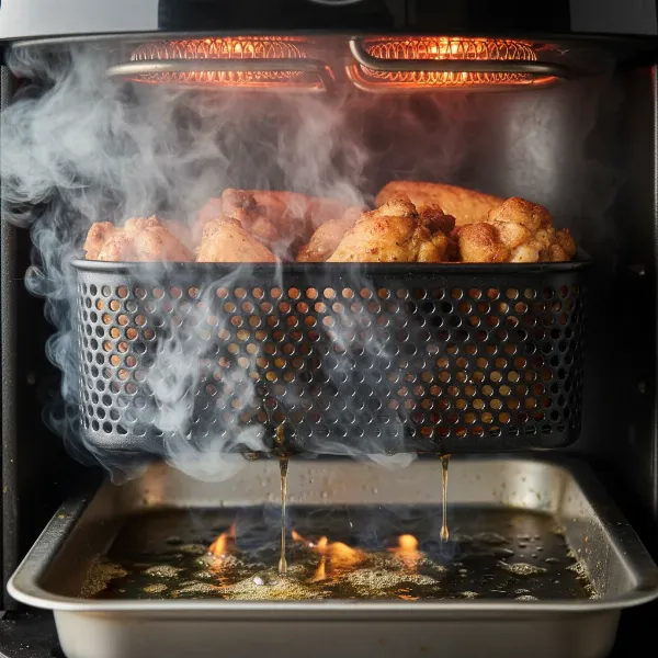 Air fryer emitting white smoke due to burning grease from fatty food cooked at high temperature.