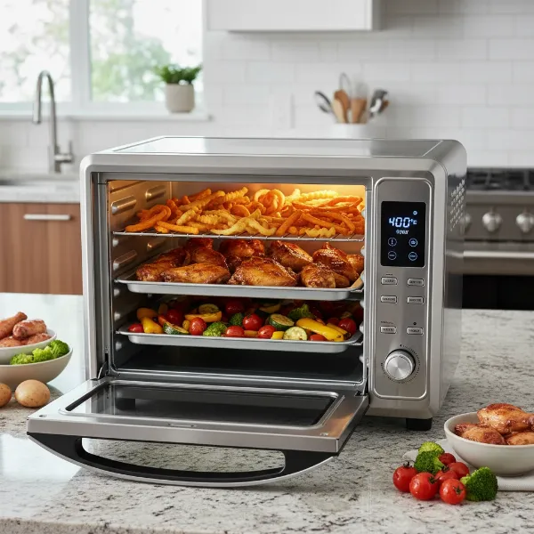 A stainless steel air fryer toaster oven with an open door, revealing multiple racks and various foods cooking inside.