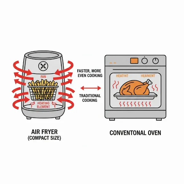 Diagram comparing air fryer and conventional oven cooking methods and heat circulation.