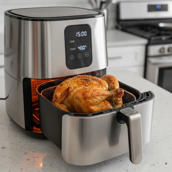A whole chicken cooking inside an air fryer basket, showcasing the air frying process.