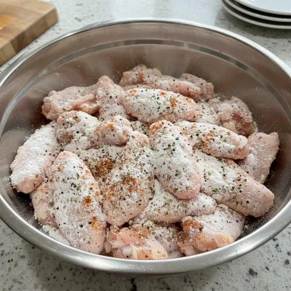 Raw chicken wings tossed with baking powder and seasonings in a bowl, ready for air frying.