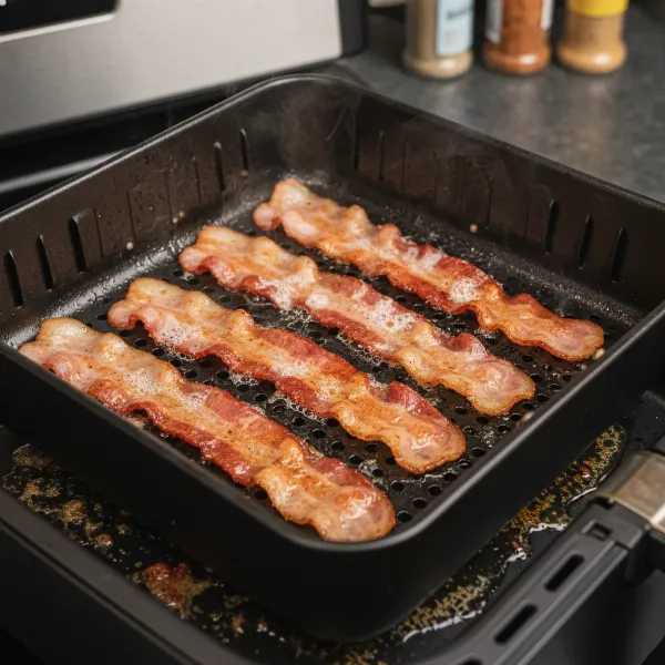 Crispy bacon strips cooking evenly in an air fryer basket.