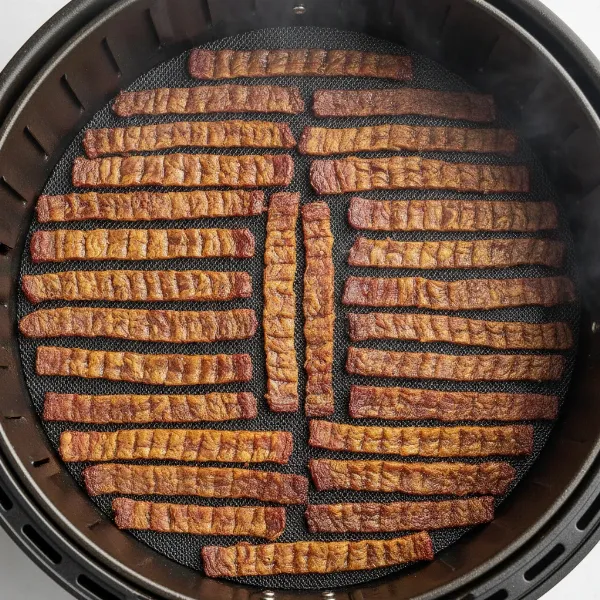 Marinated beef jerky strips cooking in an air fryer basket, evenly spaced.