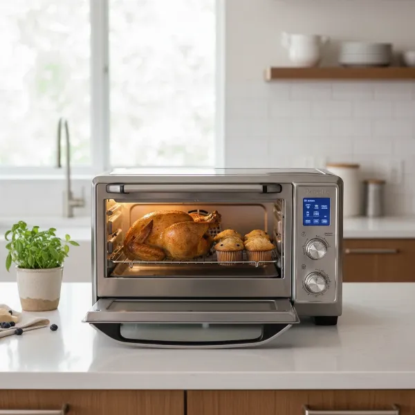 Breville Smart Oven Air Fryer Pro on a modern kitchen counter, showcasing its large capacity and sleek design.