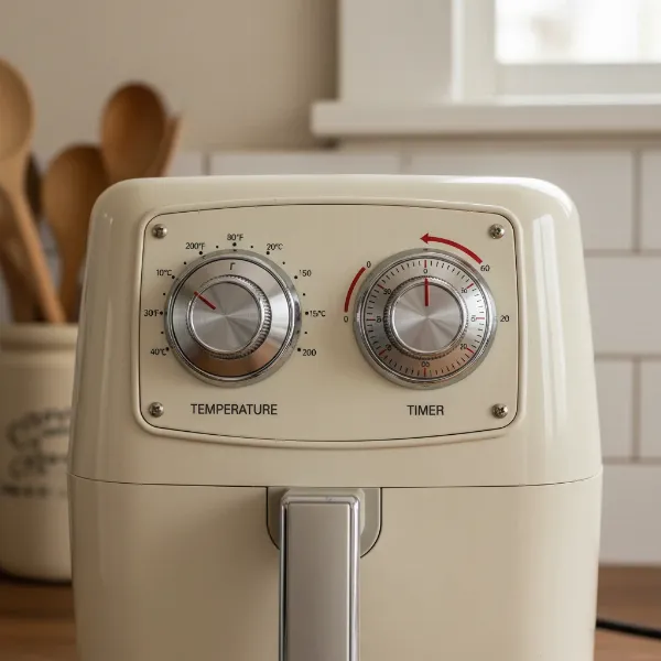 A traditional white analog air fryer with two large mechanical control dials for temperature and time.