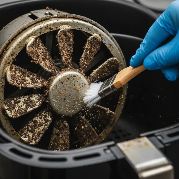 A hand using a brush to clean accumulated grease and debris from an air fryer's fan blades