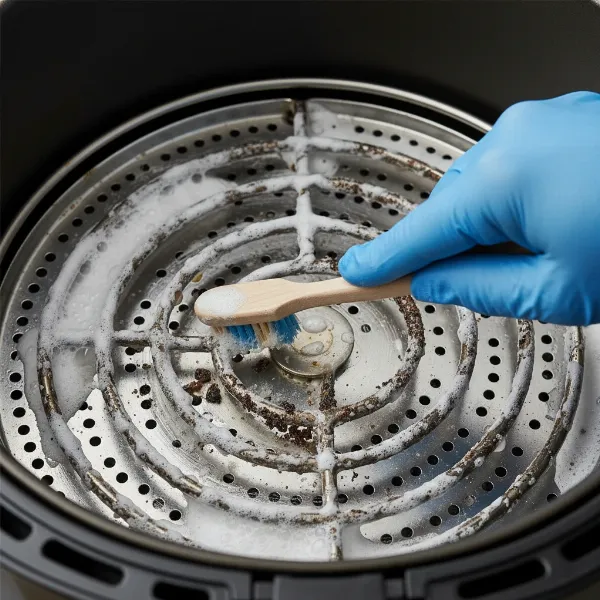 Person gently scrubbing a dirty air fryer heating element with a baking soda paste and a soft brush.