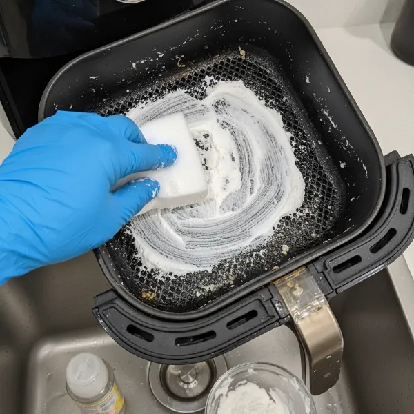 Applying baking soda and dish soap paste to a greasy air fryer basket for deep cleaning.